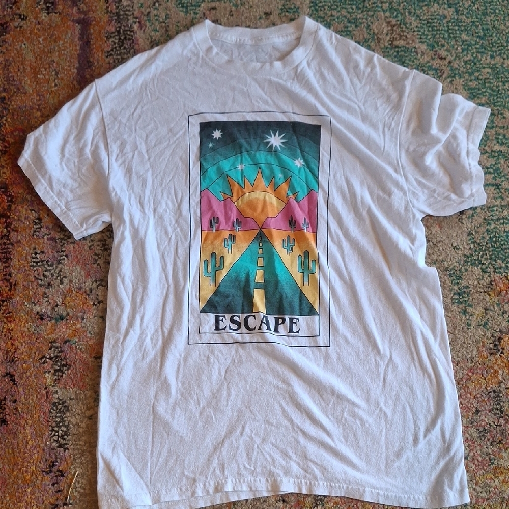 White Graphic T-Shirt with Colorful Desert Print